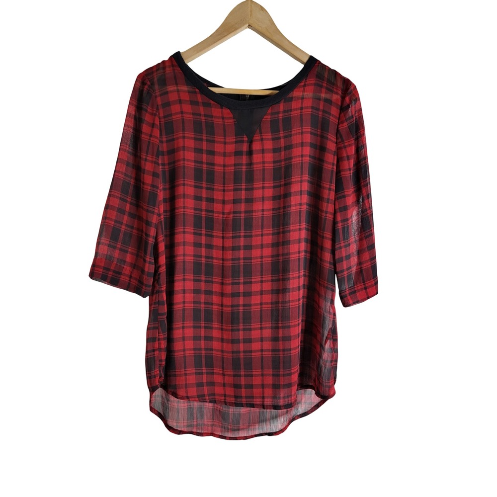 JMK Red Black Plaid Sheer Blouse 3/4 Sleeve Exposed Back Zipper Sz M 90s Grunge